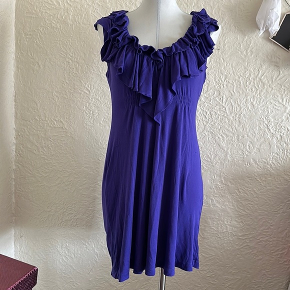 BCBG Max Azria Persian Blue Purple Ruffle Neck Knit Dress Y2k 2000s Medium - Picture 1 of 12